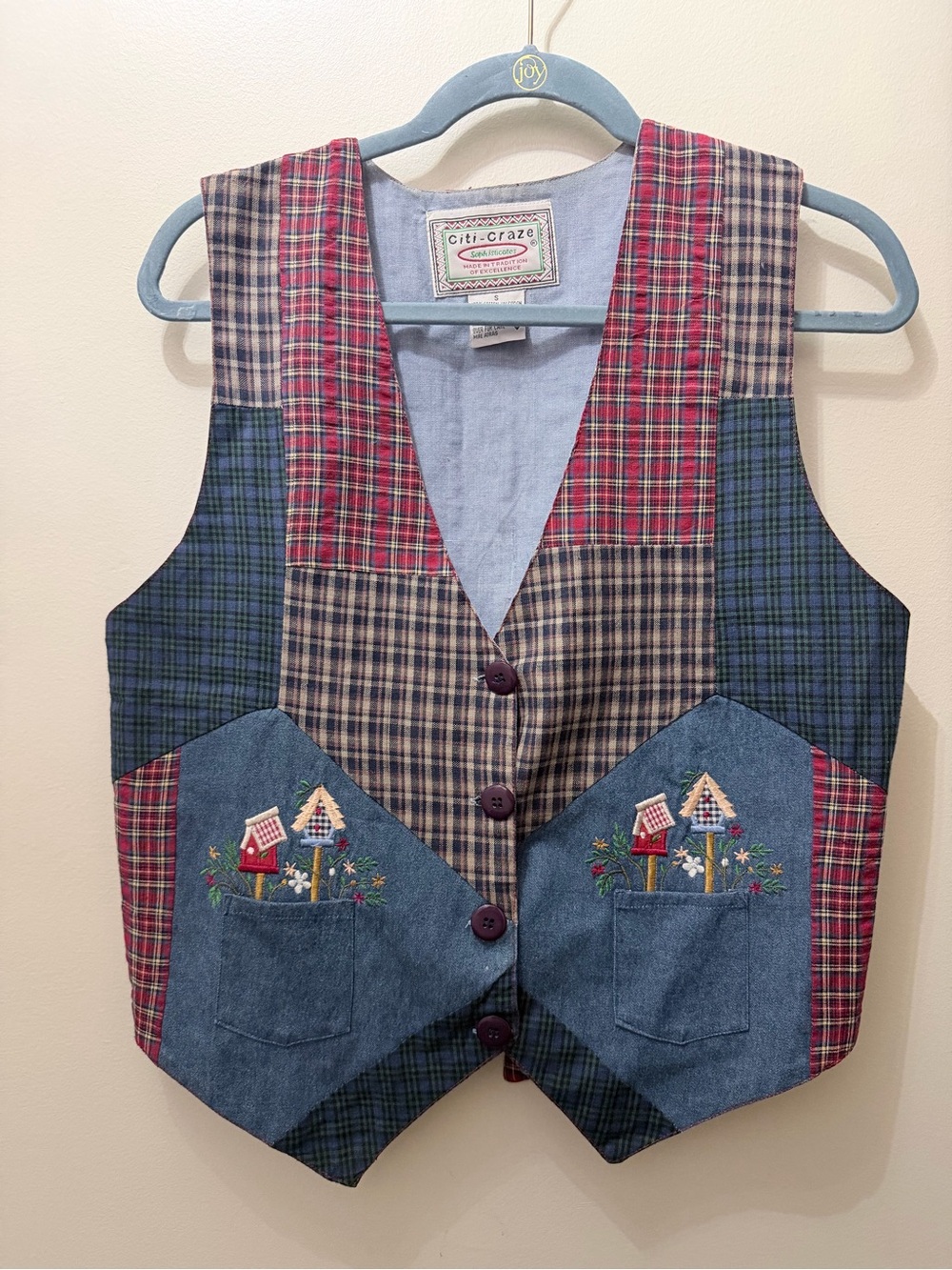 Vintage 90s Patchwork Plaid Embroidered Floral Bird Houses Denim Vest Cottage S